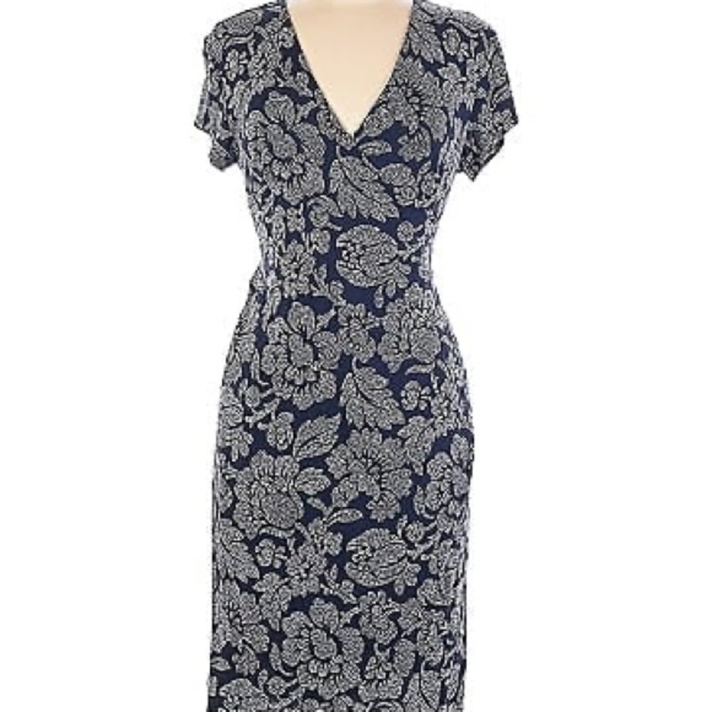 LOFT Navy and White Floral Wrap Dress with Cap Sleeve